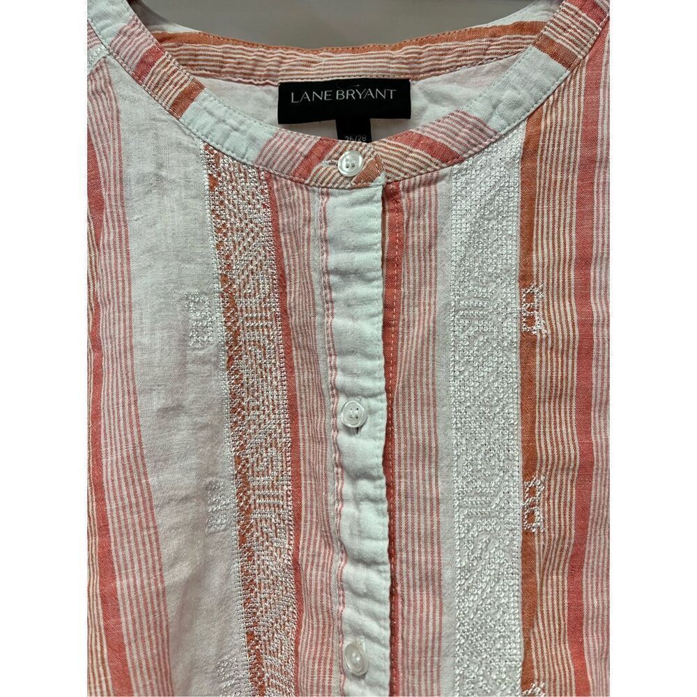 Lane Bryant Linen Peach Pink & White Stripe Embroidered Button Down Collarless S - Picture 2 of 6